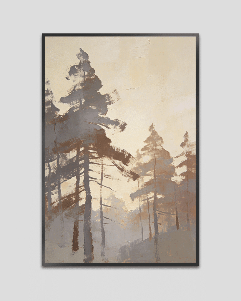 Minimal misty forest painting in beige, brown, and grey tones with abstract pine trees.