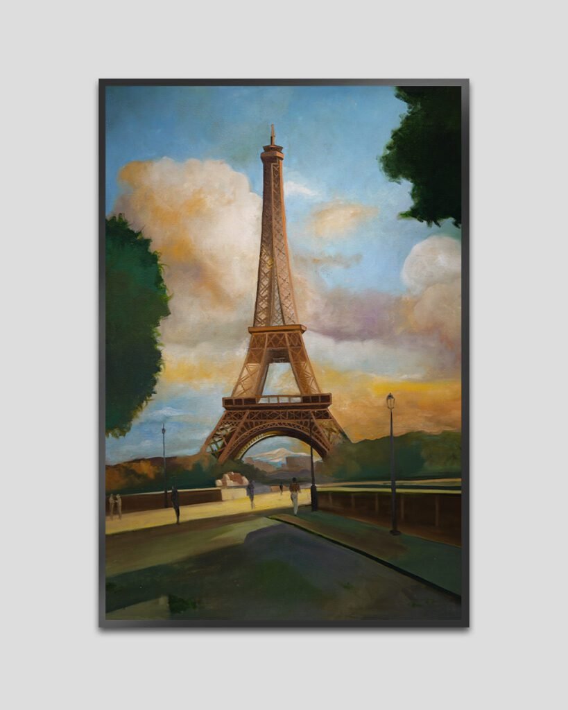 Painting of the Eiffel Tower in Paris during golden sunset with soft clouds, trees, and a peaceful walkway