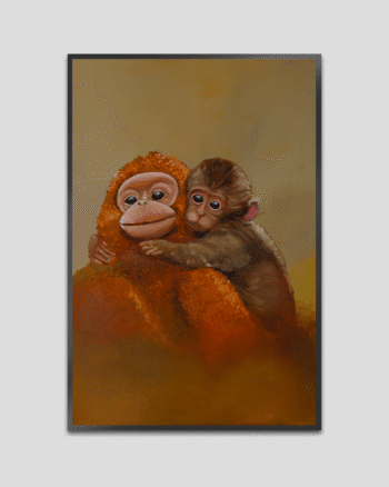 Baby monkeys embrace artwork with emotional warm brown and orange background