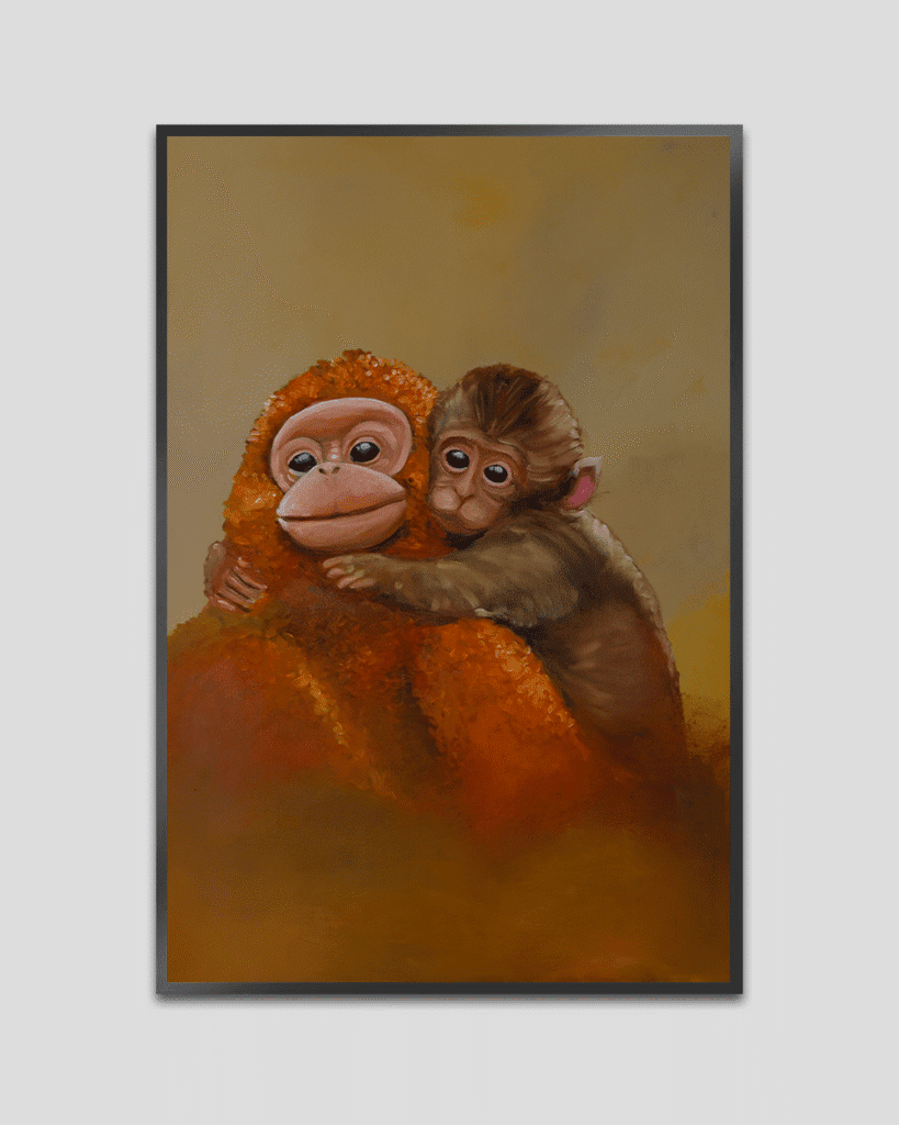 Baby monkeys embrace artwork with emotional warm brown and orange background