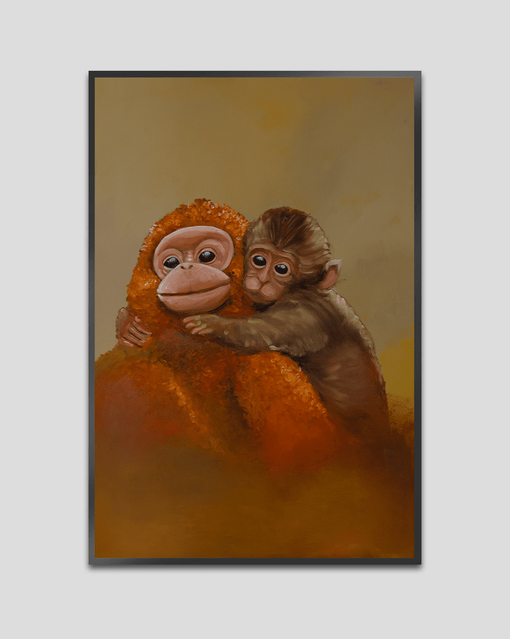 Baby monkeys embrace artwork with emotional warm brown and orange background