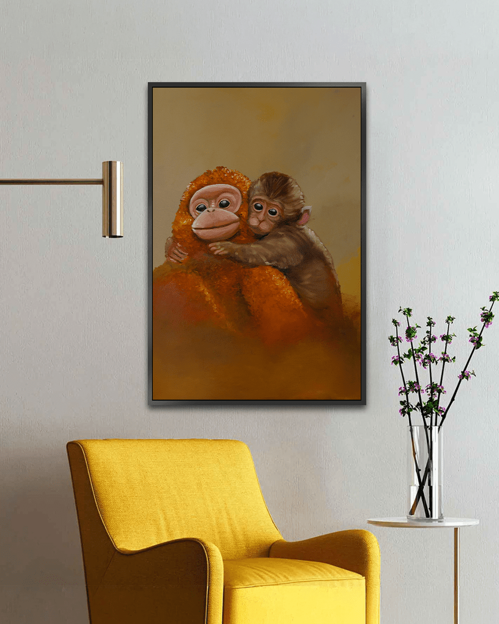 Baby monkeys embrace artwork with emotional warm brown and orange background