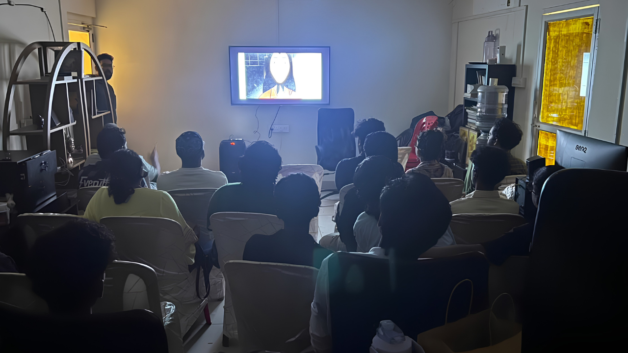 Poster for the screening of Persepolis, directed by Marjane Satrapi and Vincent Paronnaud, hosted at Athma Art Studio in Kozhikode.