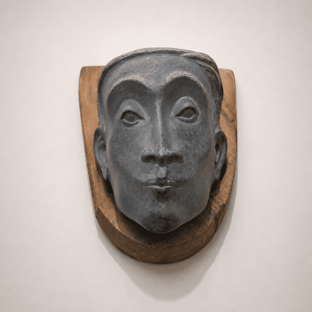 Abstract stone face wall sculpture with wooden base, handcrafted by sculptor Johns Mathew. A contemporary art piece showcasing expressive facial features, natural textures, and minimalist gallery aesthetics.