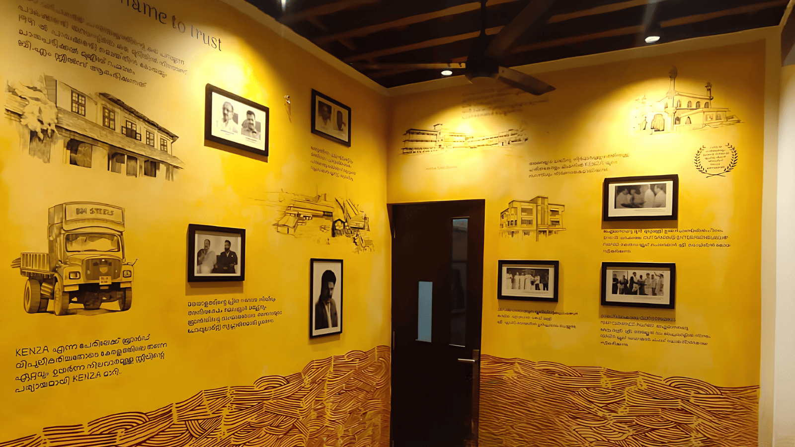 Custom story wall design showcasing corporate history, heritage, illustrations, and framed photographs created by Athma Art Studio in Kerala, India.