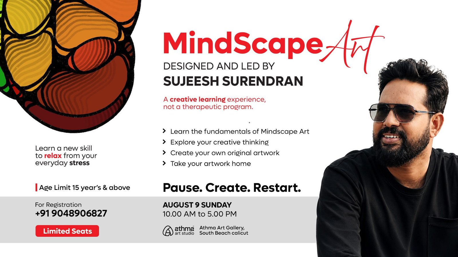 Mindscape Art creative learning workshop designed by Sujeesh Surendran at Athma Art Studio, helping participants explore creativity, visual thinking, and create original artwork in Kozhikode, Kerala.